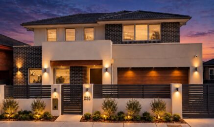 Two storey custom home in Hurstville at dusk, with charcoal face brick, a white rendered upper level, a timber front door under timber battens, a timber garage door, a dark slat fence and uplit garden beds along the front