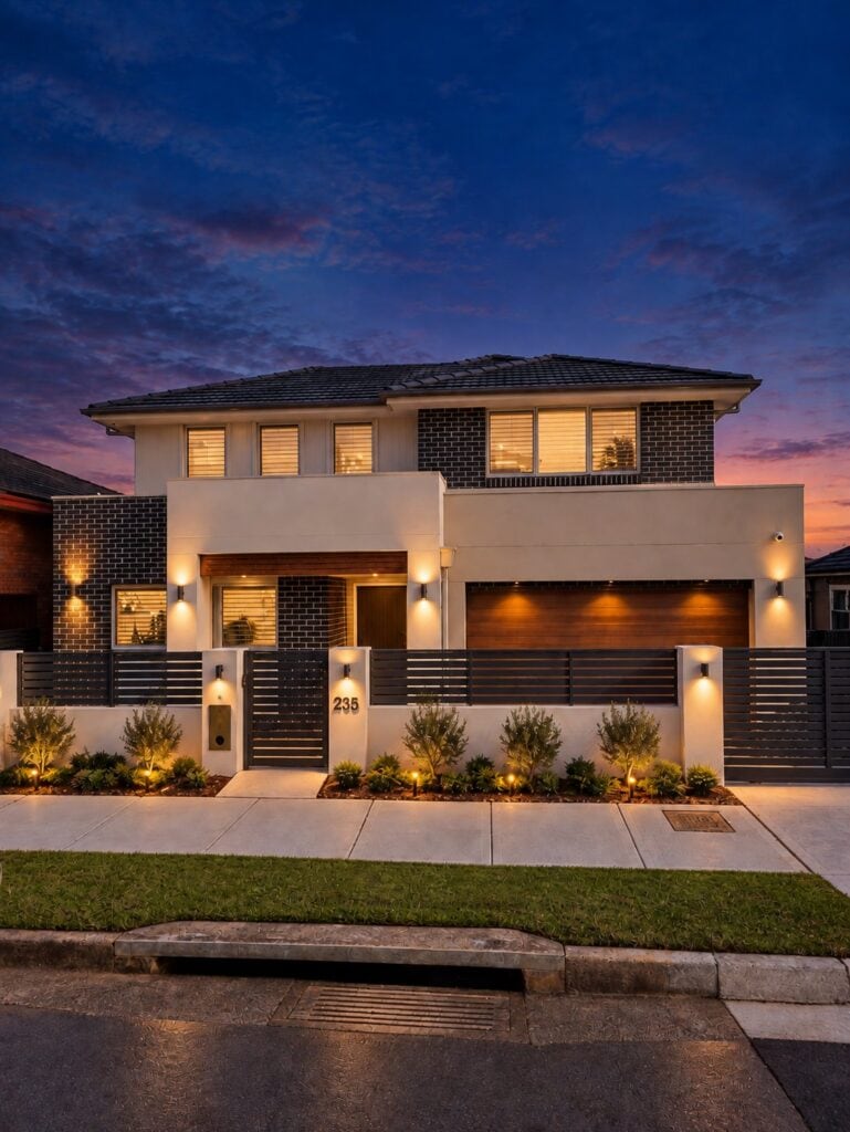 Two storey custom home in Hurstville at dusk, with charcoal face brick, a white rendered upper level, a timber front door under timber battens, a timber garage door, a dark slat fence and uplit garden beds along the front