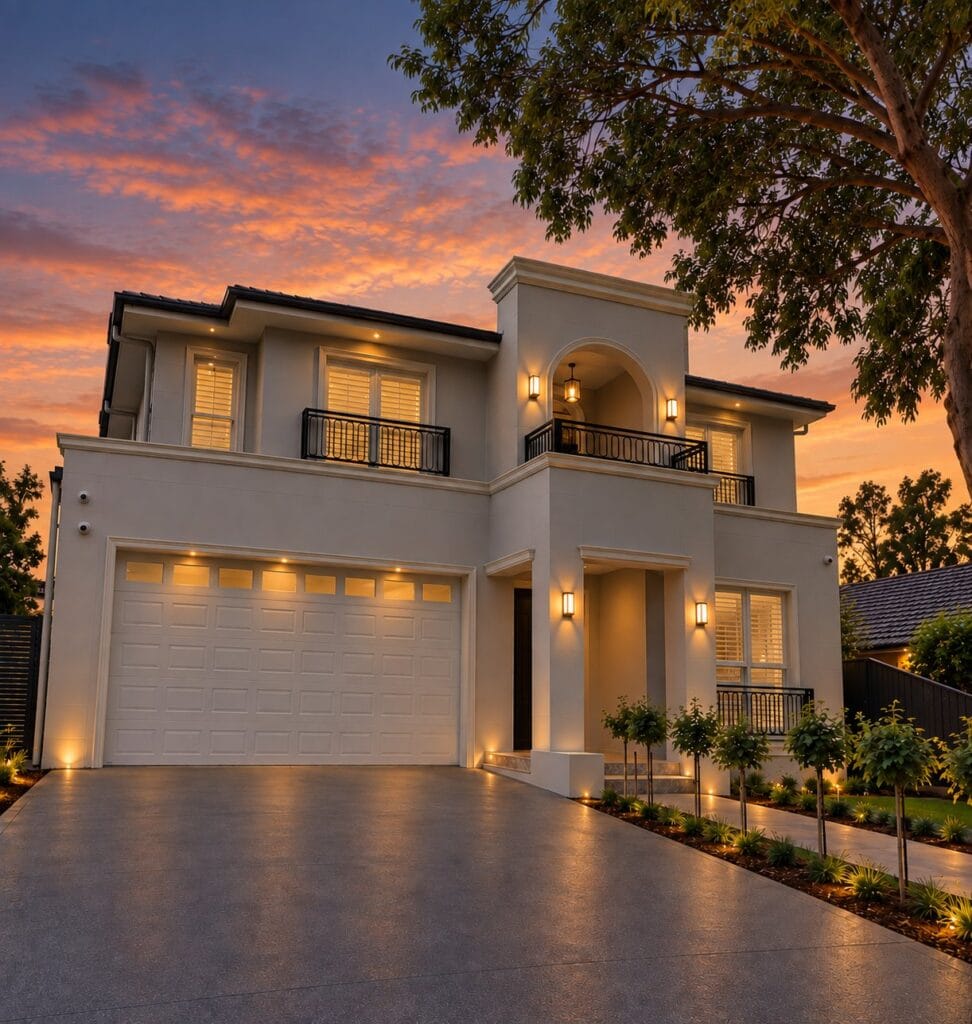 Two storey French provincial home in Strathfield lit at twilight, with a rendered facade, arched entry portico, wrought iron balconies and a double garage
