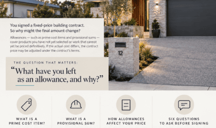 Michaelangelo Designer Homes guide explaining prime cost items, provisional sums, and six questions to ask before signing a fixed-price building contract
