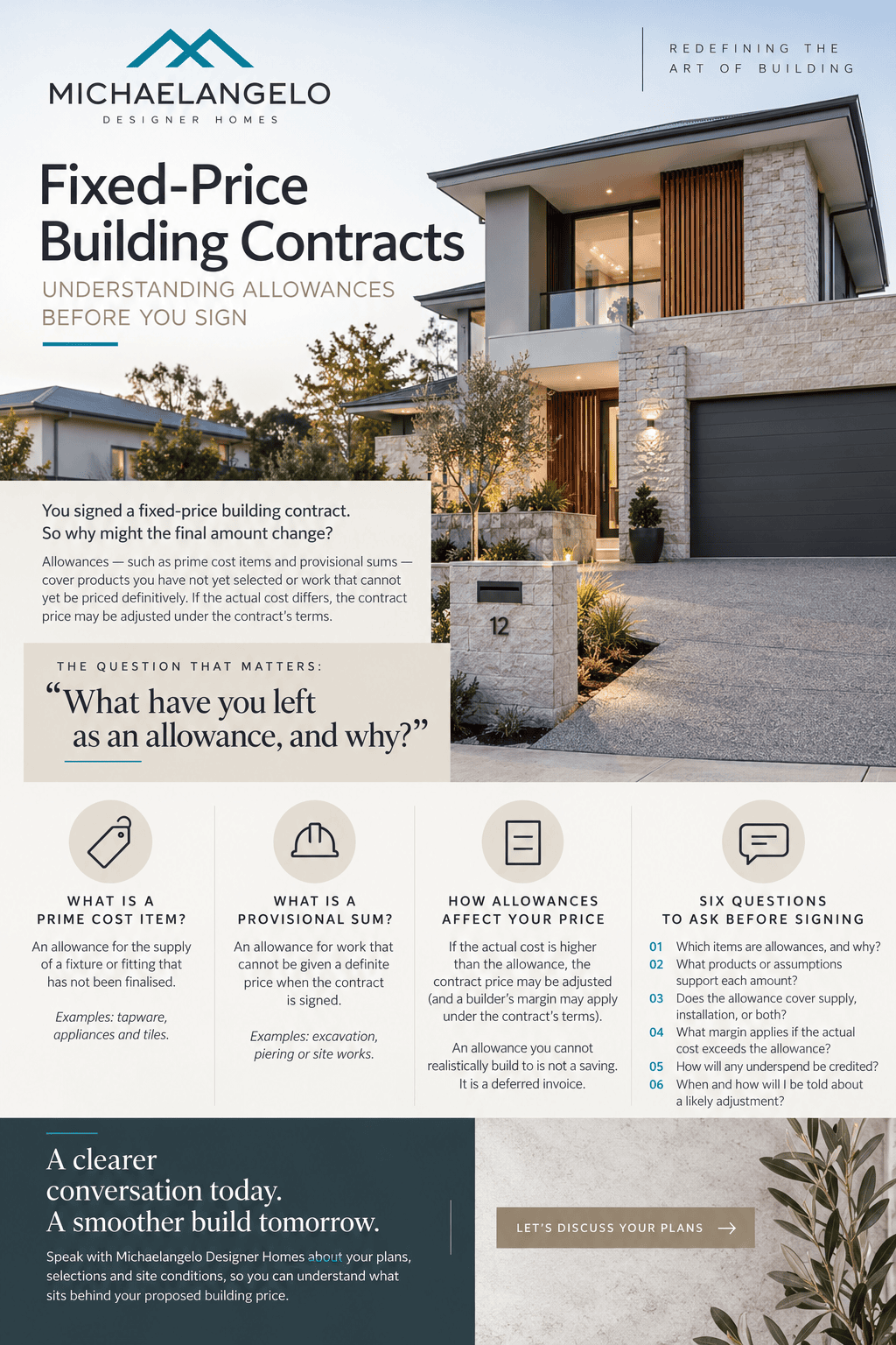 Michaelangelo Designer Homes guide explaining prime cost items, provisional sums, and six questions to ask before signing a fixed-price building contract