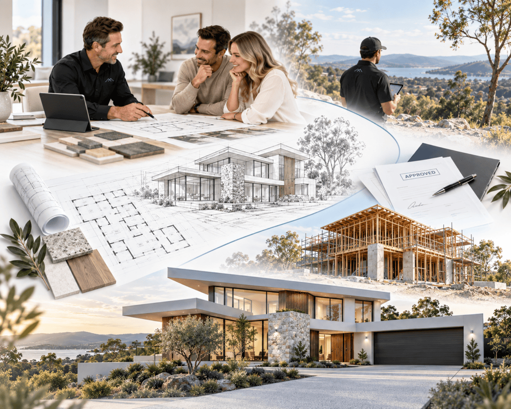 Custom home design process in Sydney — plans and material selections, the home under frame, and the finished build.