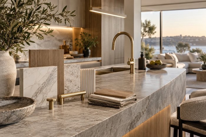 Premium kitchen finishes featuring stone benchtops, timber cabinetry, brushed brass fixtures and curated material samples in a contemporary custom home.