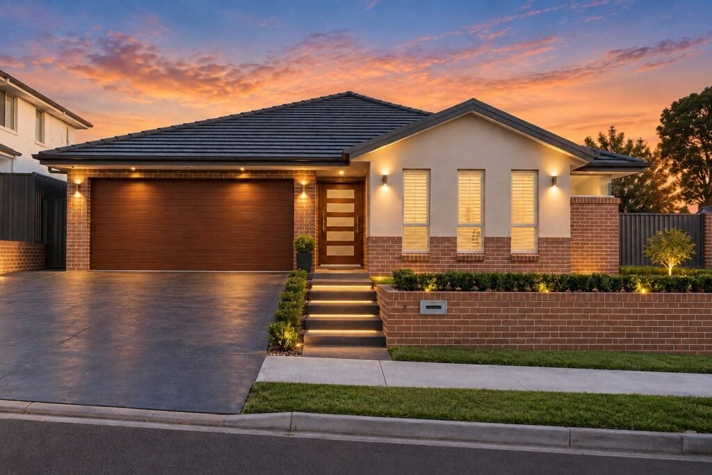 Single storey home in Claremont Meadows at dusk, with the entry steps and the rendered and brick facade lit from below