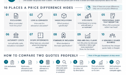 Infographic: the ten places a price difference hides when comparing building quotes, and how to compare two quotes properly — Michaelangelo Designer Homes, featuring an Aspire series home