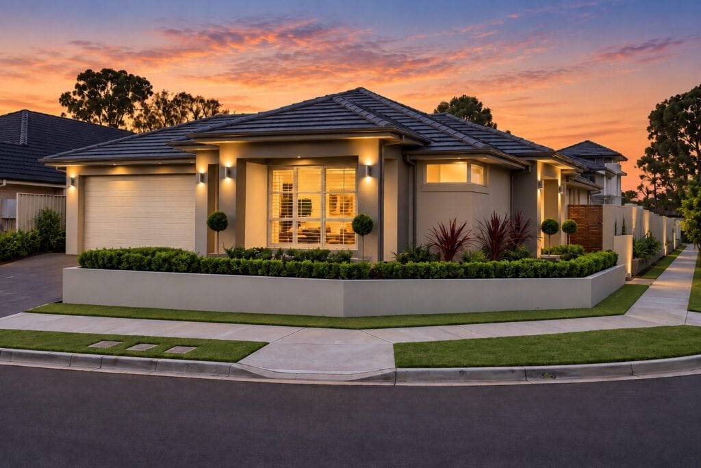 Single storey corner block home at dusk with rendered facade, hedged garden beds and double garage