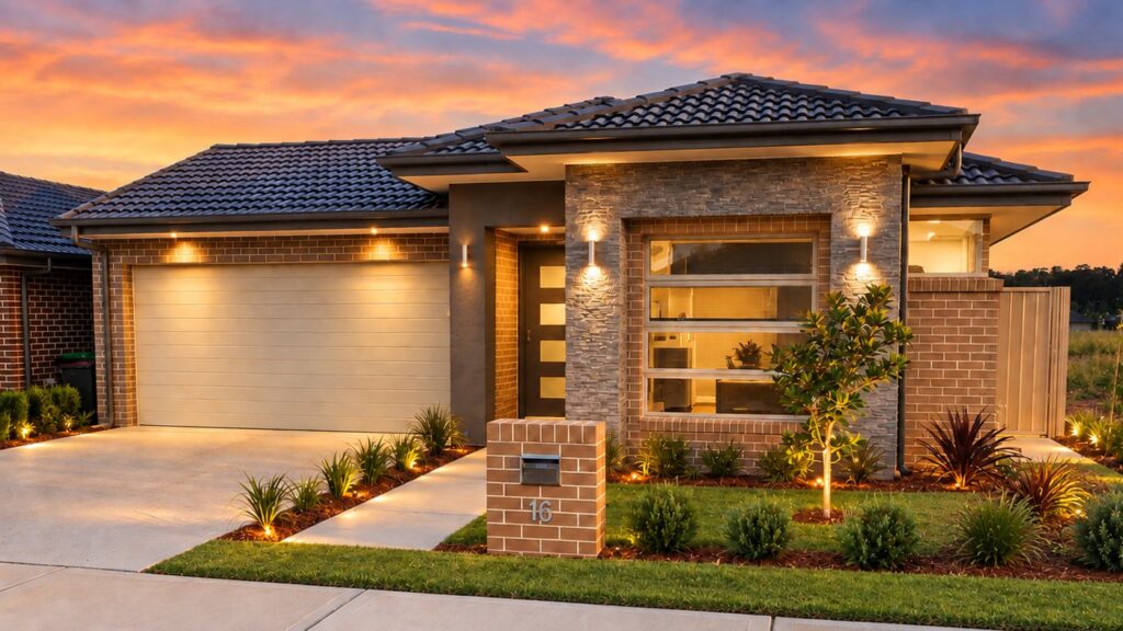 Single storey home in Jordan Springs with a tiled hip roof, stone feature entry, face brick walls and a double garage