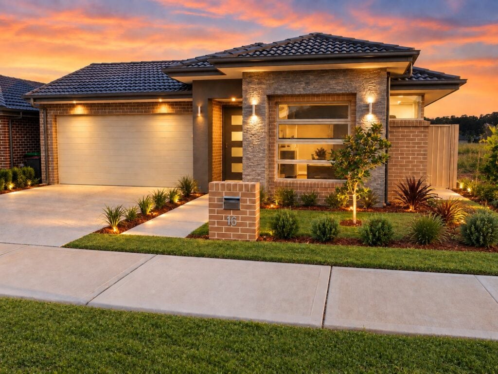 Single storey home in Jordan Springs with a tiled hip roof, stone feature entry, face brick walls and a double garage